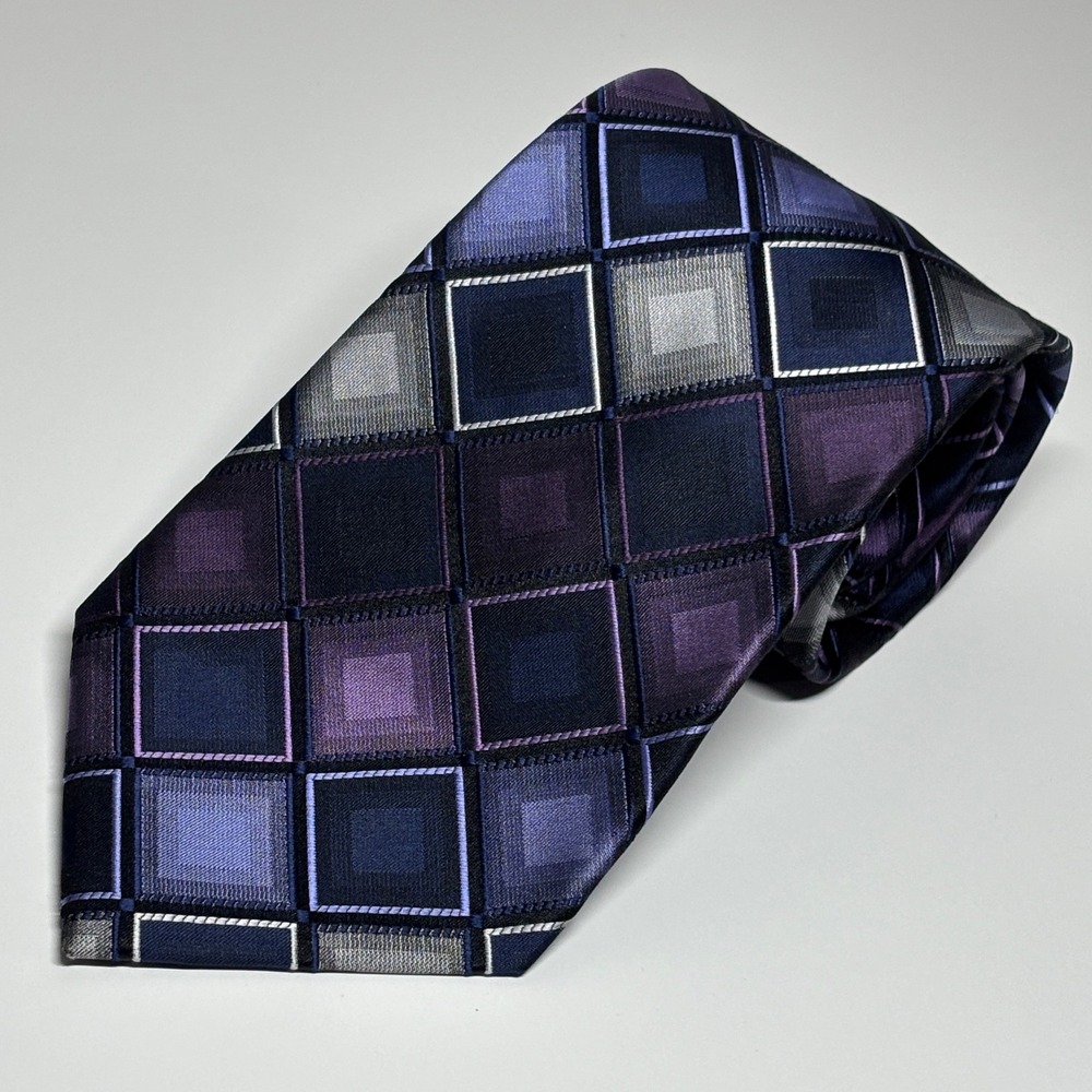 Crazy Horse Silk Tie Mens OS Purple Blue Geometric Square Claiborne Professiona;